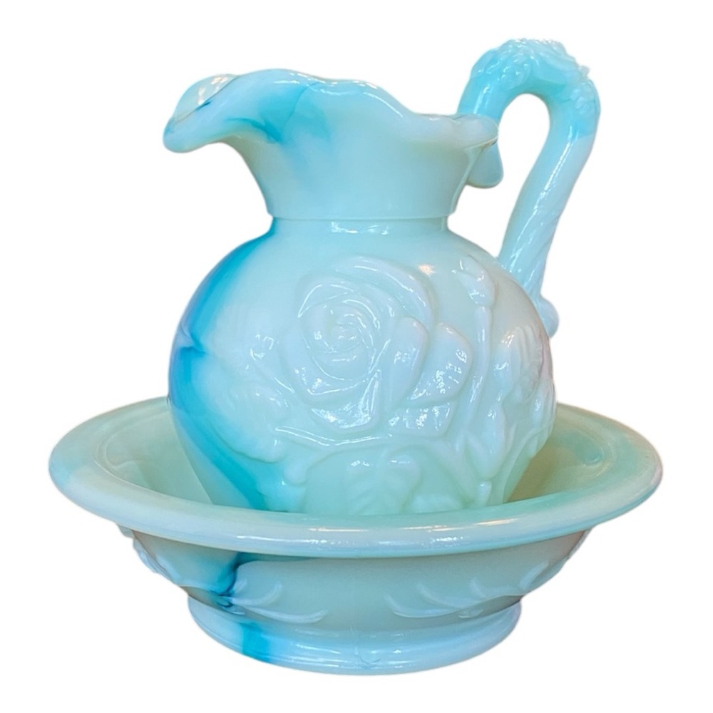 VTG Avon Victoriana Blue Slag Glass Pitcher & Bowl Rose Set